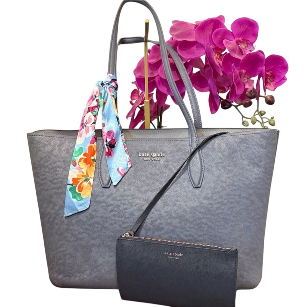 Kate Spade Gray Tote with Floral Scarf and Pouch designer purse wristlet